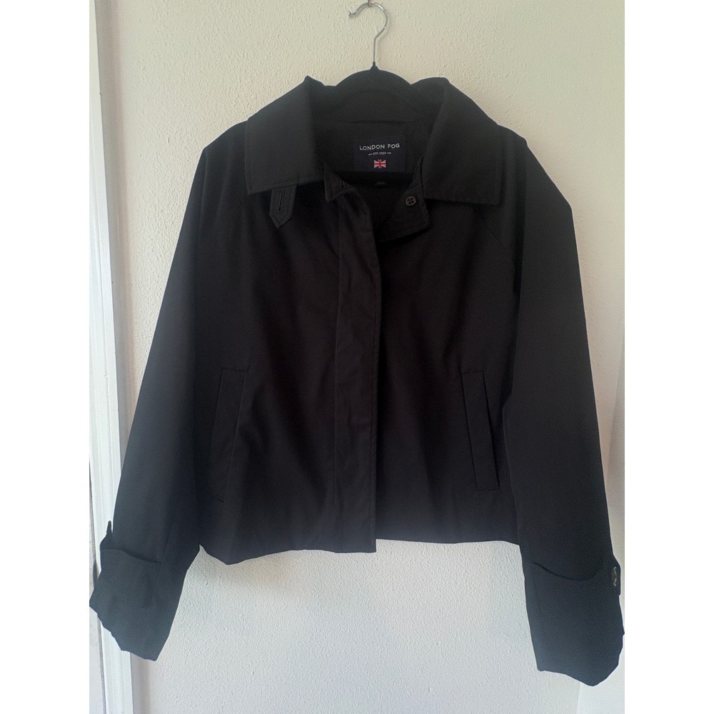 London Fog Black Cropped Trench Jacket Womens Large Lightweight Twill Coat L